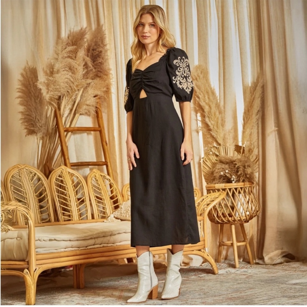 NWT | Savanna Jane | Black Midi Dress with Embroidered Sleeves